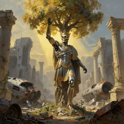 ancient roman god emperor cyborg with a skull mask ascending wearing the civic crown exploring tree growing in ancient sci - fi ruins, gray wasteland, scrap spaceships, rusted junk, rubble, pillars, flowers, vines, hyperrealistic, highly detailed, cinematic, single ray of golden sunlight, beautiful, cgssociety, artstation, 8 k, oil painting by greg rutkowski, by artgerm, by wlop