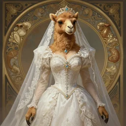 photograph female anthro camel fursona in a wedding dress, deep focus, intricate, elegant, regal, highly detailed, digital painting, artstation, concept art, matte, sharp focus, illustration, d & d, fantasy, hearthstone, art by artgerm and greg rutkowski and alphonse mucha