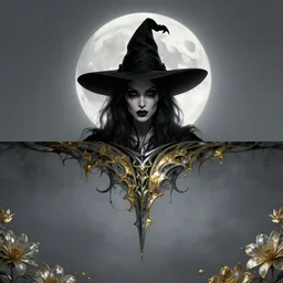 at the top of the composition is a symmetrical centered portrait of Anna Millerstone as a Dark evil witch, big moon in the background, at the bottom of the composition is grey space, dramatic lighting, book cover illustration by Greg rutkowski, yoji shinkawa, 4k, digital art, concept art, trending on artstation, golden silver elements, empty grey space at the top, flower elements