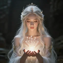 the ethereal queen of technology bestows the gift of circuits to humanity.
