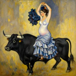 highly detailed painting of pregnant flamenco dancer riding a black bull by tamara de lempicka
