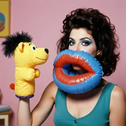 a  woman wearing an inflatable mouth and holding a a hand puppet, technicolor, john waters, almodovar, expired color film, 1975