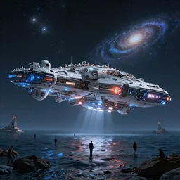 a giant glowing spaceship and many people in the ocean, galaxy, hyper realistic, epic lighting, cyberpunk, wide angle lens