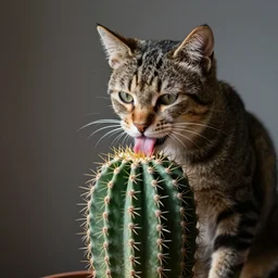 A real photograph of a cat licking a cactus, close view, studio lighting, DSLR