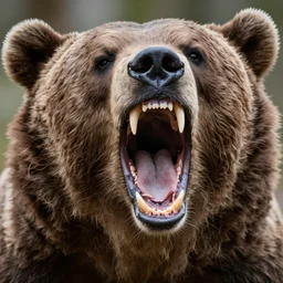 close up of bear with and open mouth 3 ribs in between its teeth, frightening, disturbing