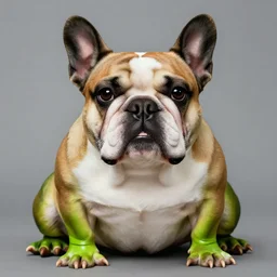 portrait of a bulldog frog, hybrid chimera mix between french bulldog and frog, with the head of a french bulldog and with the body of a frog, concept art, smooth, fine lines, natural geographic wildlife, biology book illustration by greg rutkowski, greg hildebrandt, tim hildebrandt