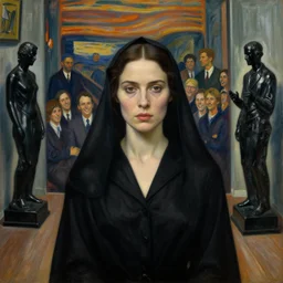 a close up portrait of a woman wearing black funeral dress, interior room, greg ruthkowski, edvard munch, obsidian statues, scene from the godfather, crowd of smiles, miles johnston, cynical realism, lucian freud, monet, bruce bickford masterpiece