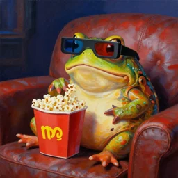 hyper realistic oil painting of toad watching a movie on the leather couch and eating some popcorn, vibrant colors, wearing 3 d glasses, high contrast, by greg rutkowski, trending on artstation