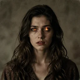haunted portrait of a miserable woman with flame in her eyes, retro, vintage, cinematic lighting, detailed, textured