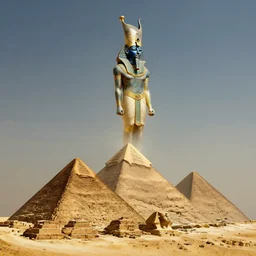 pyramids of giza, thoth the egyptian god floating above , fantasy, dramatic, intricate, elegant, highly detailed, digital painting, artstation, concept art, smooth, sharp focus, illustration, art by Gustave Dore, octane render