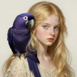portrait of a young blonde girl with a dark purple parrot, upper body, long hair, intricate, elegant, highly detailed, digital painting, artstation, concept art, matte, sharp focus, illustration, art by artgerm and greg rutkowski and alphonse mucha
