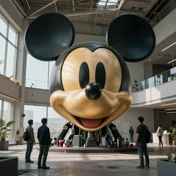 people building giant head of a robot mickey mouse inside of abandoned netflix office, cyberpunk, by beeple, dystopia, golden ratio, octane render, redshift, trending on artstation, 8 k