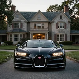 A stunning photograph of a black Buggati Chiron in front of a New England manor , car lights on , 8K, natural lighting