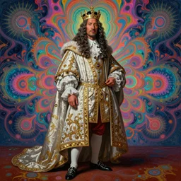 beautiful oil painting, full length portrait of Dwayne the rock Johnson as Louis xiv in coronation robes 1701, Dan Mumford, Dan Mumford, Alex grey, Alex grey, highly detailed , lsd visuals, dmt fractal patterns, hallucinogen, visionary art, psychedelic art, ornate, vaporwave, baroque