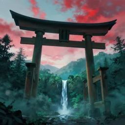 green blue isekai water grunge japanese mountains, giant torii gate void sky - red clouds, dark inky forest, waterfalls, low clouds rimlight bokeh pixiv # 1 ranking depth focus, chromatic aberration, noise, soft lighting, srgb, 4 k, cinematic rembrant kuvshinov ross tran craig mullins leyendecker wlop guweiz