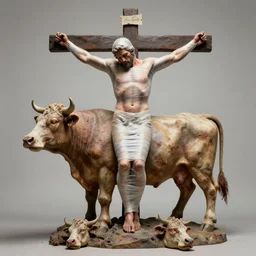 a sculpture in chaos, a man stands dead. shrink wrapped and crucified. he has swollen to the size of a cow. the man has no feet, they are replace with the heads of his foes.