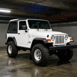 photo of a 1997 hardtop white Jeep Wrangler, underground garage, starry lights, bouncing reflections, oil slick