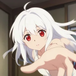 anime film visual of a young girl with white hair and red eyes in her room, cute face by ilya kuvshinov, makoto shinkai, kyoto animation, dynamic perspective and pose, detailed eyes, less nose, crisp and sharp cel shade