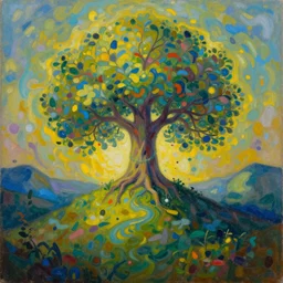 a beautiful painting of a portal to infinite creativity, magical tree of life centered on a hill, abstract landscape, 8 k, photorealism, hyper detailed