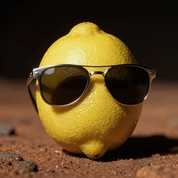 a lemon wearing sunglasses in mars, autochrome photograph, atmospheric, film grain, trending on artstation, dark background