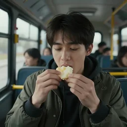 i was in a 🚌 and while inside it, i had to eat some 🧁. 8 k, octane render, cinema lighting, hyper - realistic details. third person view.