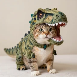 a cat dressed with a detailed t - rex costume including dinosaur head, kodak 5 0 mm, 4 k