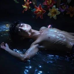 boy laying on water, sensual, magical mood, background exotic flowers, dark, rim light, shimmering, by roberto ferri