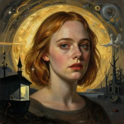 Elle Fanning in the painted world of Hannibal, head and shoulders masterpiece, apocalypse, golden hour, cosmic horror, artstation, in the style of Andrew Wyeth and Edward Hopper and Bosch, extremely detailed
