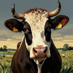 cowman with his head tilted, centered, close - up, xeroxed, comic book art, album cover