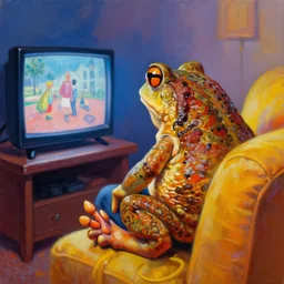hyper realistic oil painting of toad watching a tv movie chill on the couch, vibrant colors, high contrast, by greg rutkowski, trending on artstation, caricaturist