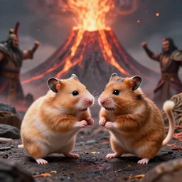 hamster fights a cat in mortal kombat at a volcano with shao khan cheering in the background. fantasy magic style. highly detailed 8 k. intricate. lifelike. soft light. sony a 7 r iv 5 5 mm. [ cinematic post - processing ].