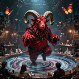 a terrifying red dwarf with ram horns serving grog at a demonic fantastical pub, floating cloth whirlpool, butterfly hard lighting ethereal horror fantasy art by and hajime sorayama, yukito kishiro, raymond swanland and monet, ruan jia, by wlop