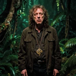 mark e smith cannibal in a haunted jungle, photograph, 4 k, dramatic lighting