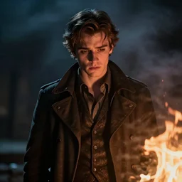 sad prince charming, cinematic, smoke and fire, moody light, painterly style. -4