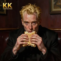 matte painting character illustration of john constantine sitting down in a shadowed corner of the room at a dive bar in london eating a sandwich, digital painting, illustration, john singer sargent, gothic, amazing values, 8 k, symmetrical face details, realistic face details, realistically rendered face, realistic eyes, moody lighting, blonde british man