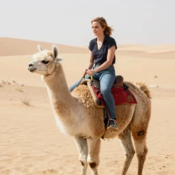Emma Watson riding a llama in a desert