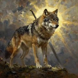 animal wolf barbarian knight with big sword, strong sun backlight sunrays  body , extreme very textured detailed portrait oil painting by rembrandt,   dramatic clouds and  atmosphere