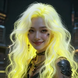 highly detailed closeup portrait of wasteland wavy glowing yellow and white plasma hair cute happy tribal young lady, stray electric spark wiring by jean jullien, 4 k resolution, gradient yellow, black and white color scheme!!! ( ( dystopian city background ) )