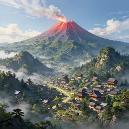 a powerful japanese village high in mountains, fanart artstation global illumination rtx hdr fanart arstation 3 d, volcano, highly detailed, concept art by greg rutkowski and laurie greasley, fantastic landscape, 8 k,