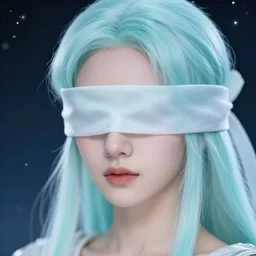 close up portrait, delicate blindfolded princess warrior with pale cyan mane, stars and night background, ornate alphonse mucha, rhads, ross tran, artstation, artgerm, octane render, 1 6 k