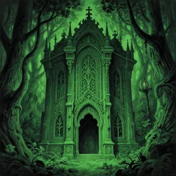 Retro horror vintage sci-fi, 2D matte gouache illustration, dark green lush macabre woods, ornate, detailed, majestic