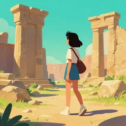 A girl exploring ancient ruins,retrowave art,trending on art station