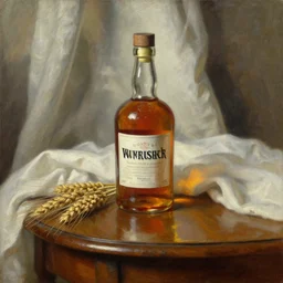 oil painting of whiskey bottle, barley grain, art by anders zorn, wonderful masterpiece by greg rutkowski, beautiful cinematic light, american romanticism by greg manchess, creation by tyler edlin, folds of fabric, tablecloth, curtains, shiny oak table, polished wood