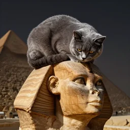 A British blue shorthair cat curled up on the head of the Sphinx in Egypt