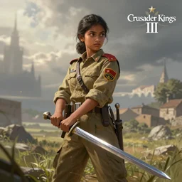 A teenage Indian girl soldier, holding a sword, loading screen artwork for the game 'Crusader Kings III'