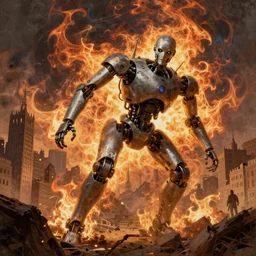 Mech robot city under attack. By Joseph Mallord William Turner, fractal flame, highly detailded