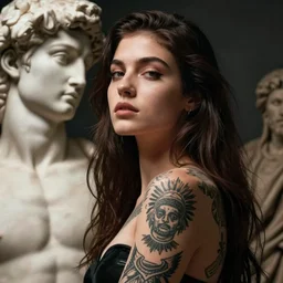 beautiful young woman with tattoos, in the style of irakli nadar and michaelangelo, deep mood, hyperrealism, epic and cinematic
