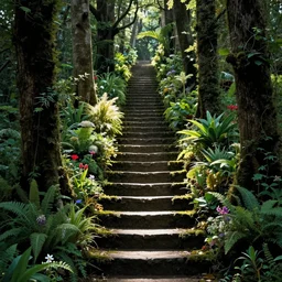stairway made of trees, vegetations, flowers, natural