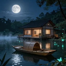 a stunning lake house, beautiful lake in the foreground, a bamboo boat floating in the lake, moonlit night dreamy atmosphere, highly detailed twigs and plants in the forest, bioluminiscent butterflies in the fog in a bokeh background, deep colors, photorealistic digital arts, in anime style, smooth and rich color scheme, artstation, 8K