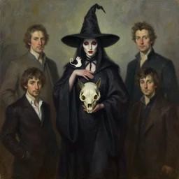 portrait of a witch with red eyes, posing with a cat skull, long dark robe, painted by enki bilal and tony sandoval and oliver ledroit. oil painting.